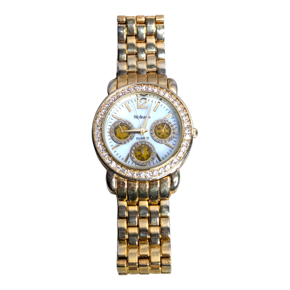 Style &‎ Co Womens Gold Tone Metal Faux Diamond Accented Wrist Watch Jewelry